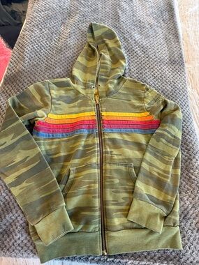 Aviator Nation Olive Camo Zip Hoodie with Rainbow Chest Stripes